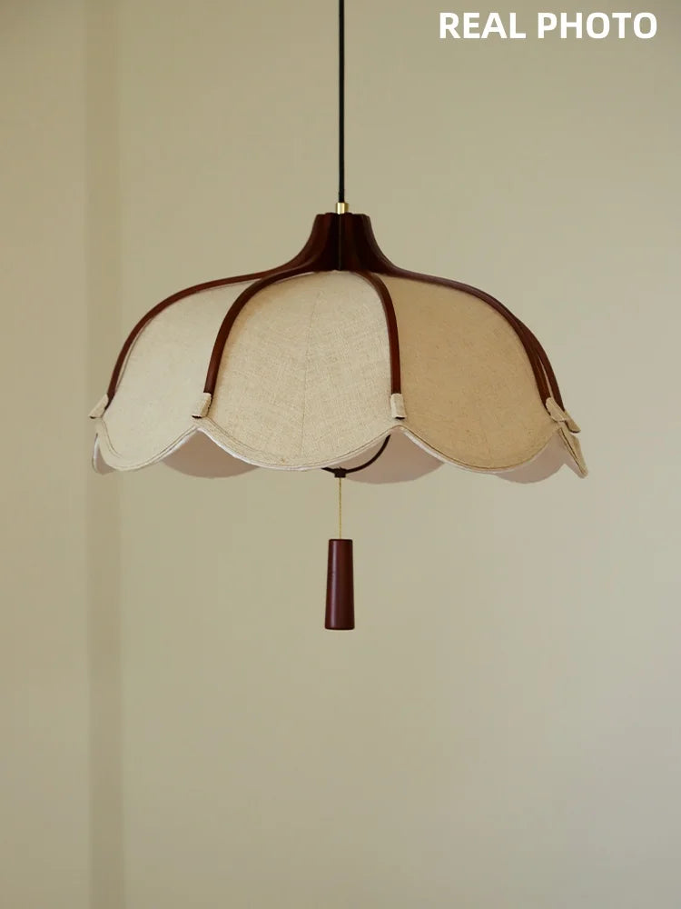 Chinese Wood E27 LED Fabric Pendant Lights Dining Room Drop
