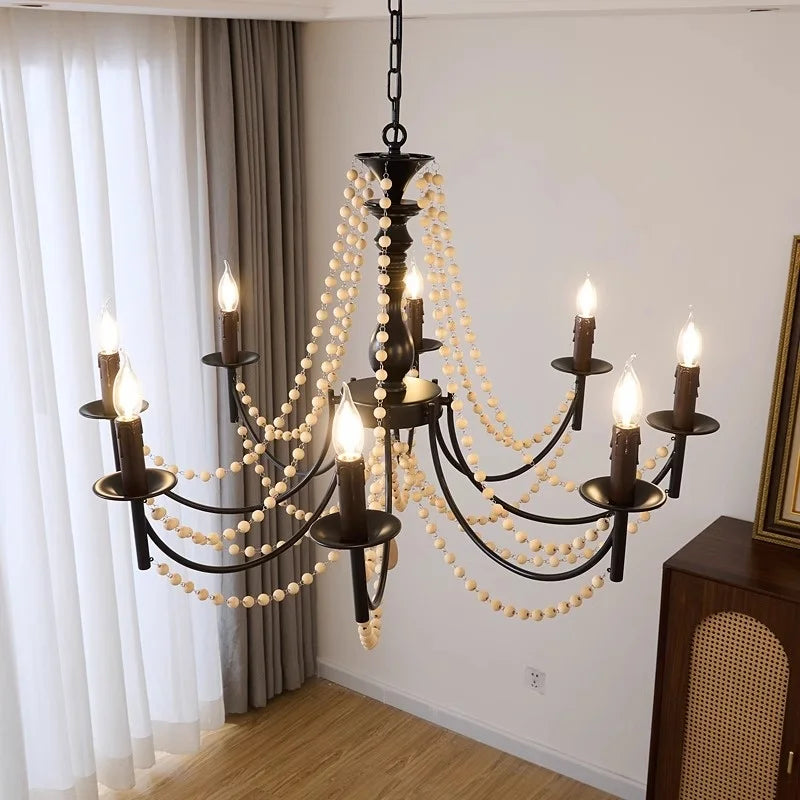 American Living Room Retro Candle Chandelier Black Metal E14