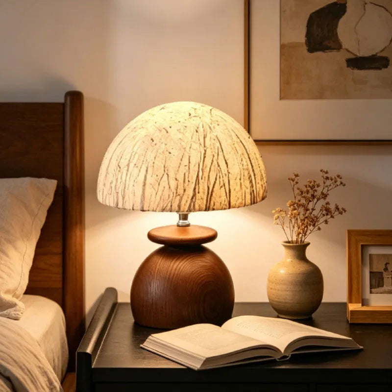Paper Lampshade Table Lamp Brown Wood Base E27 Bulb For Roon
