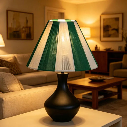 Nordic Black Wood Base Table Lamp Fabric Line Lampshade Desk