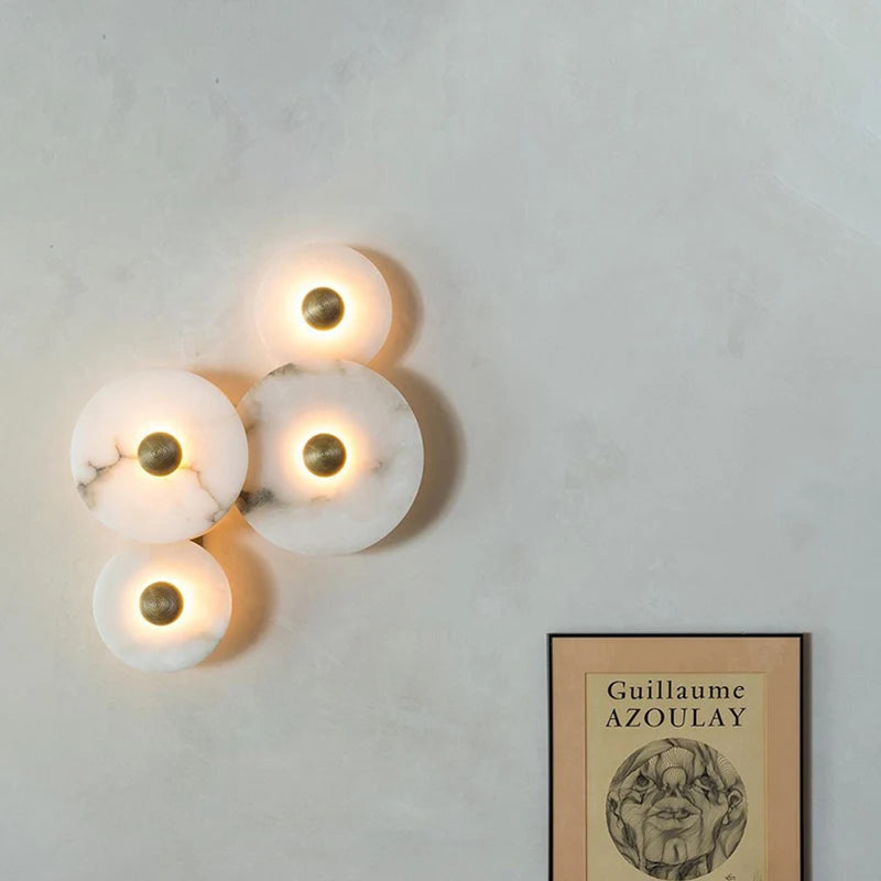Natural Marble LED Wall Lamp Round Shape Gold Metal Free