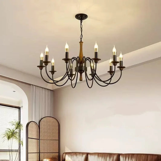 American Retro Candle Chandelier Living Room Solid Wood Iorn