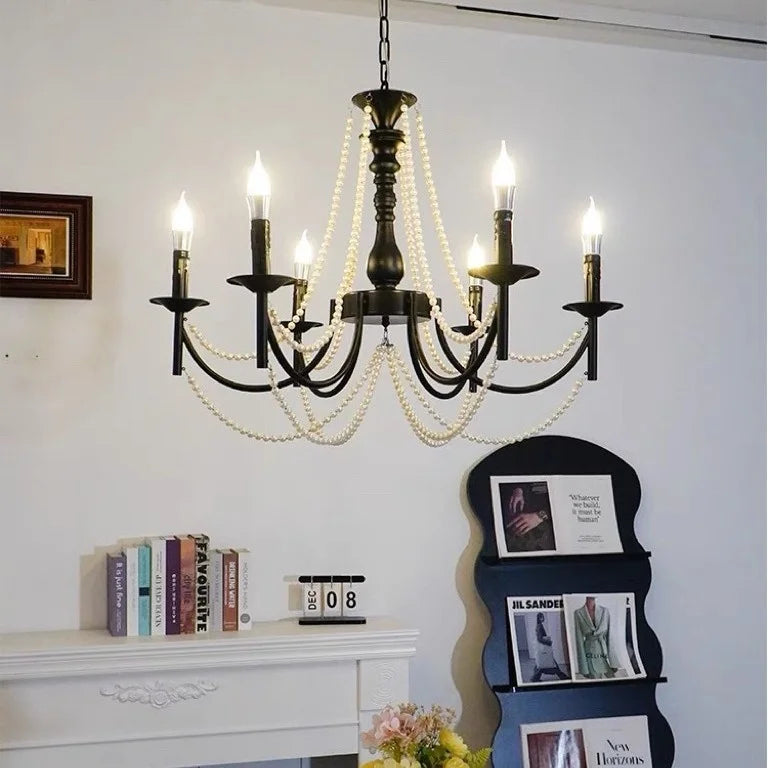 American Living Room Retro Candle Chandelier Black Metal E14
