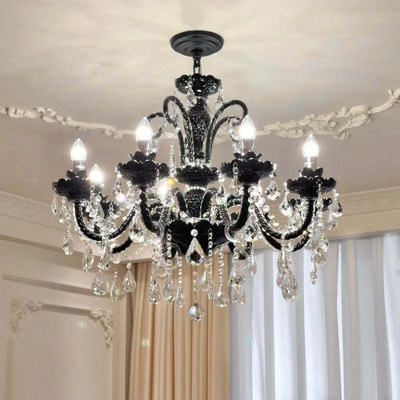 French Black Glass Chandelier Living Room Candle E14 Pendant