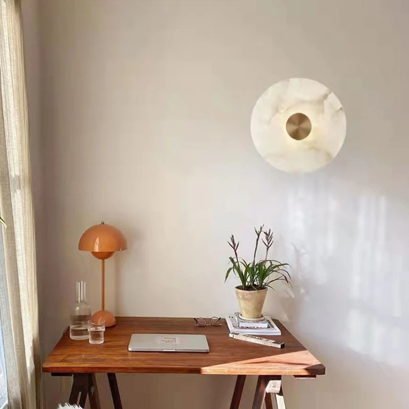 Art Deco Round LED Wall Sconce Natural Marble Brass