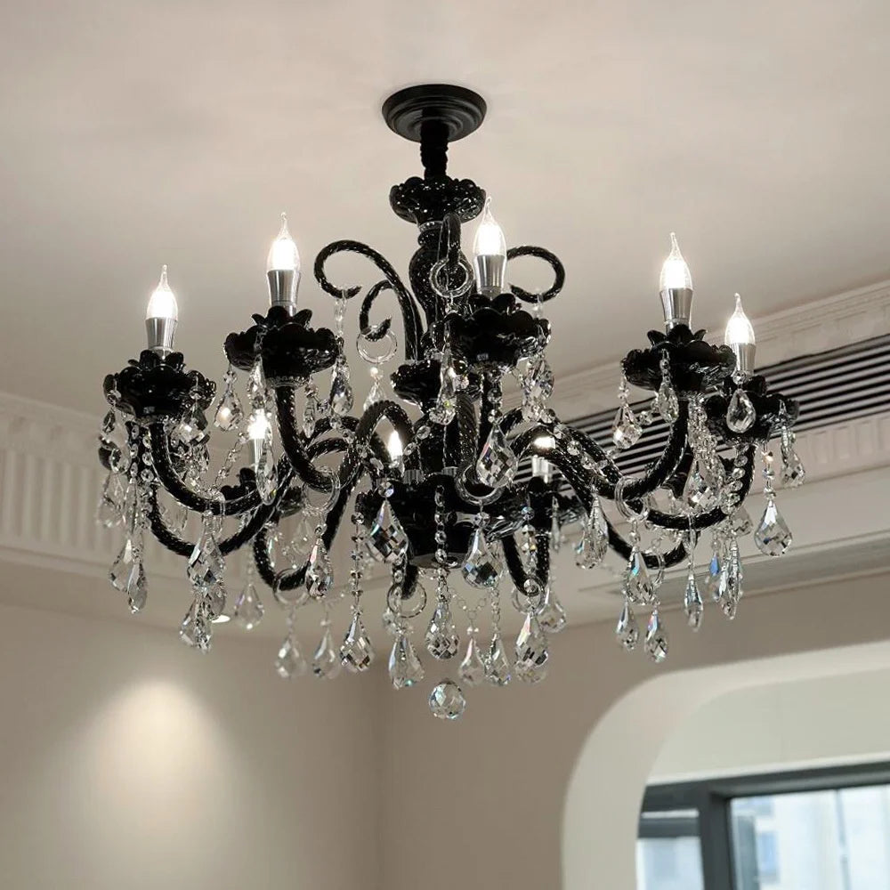 French Black Glass Chandelier Living Room Candle E14 Pendant