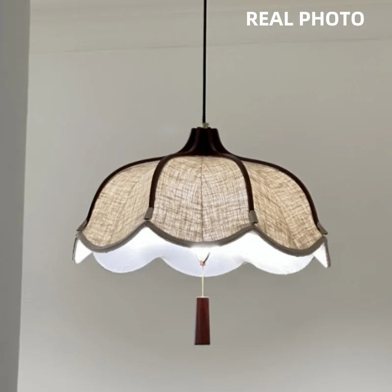 Chinese Wood E27 LED Fabric Pendant Lights Dining Room Drop