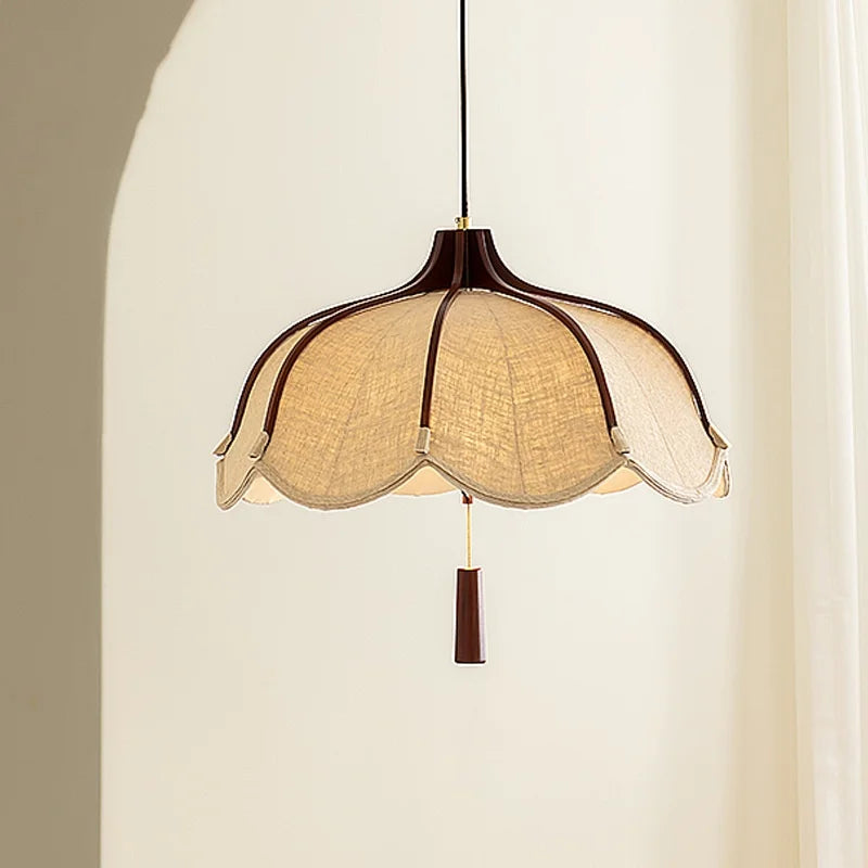 Chinese Wood E27 LED Fabric Pendant Lights Dining Room Drop