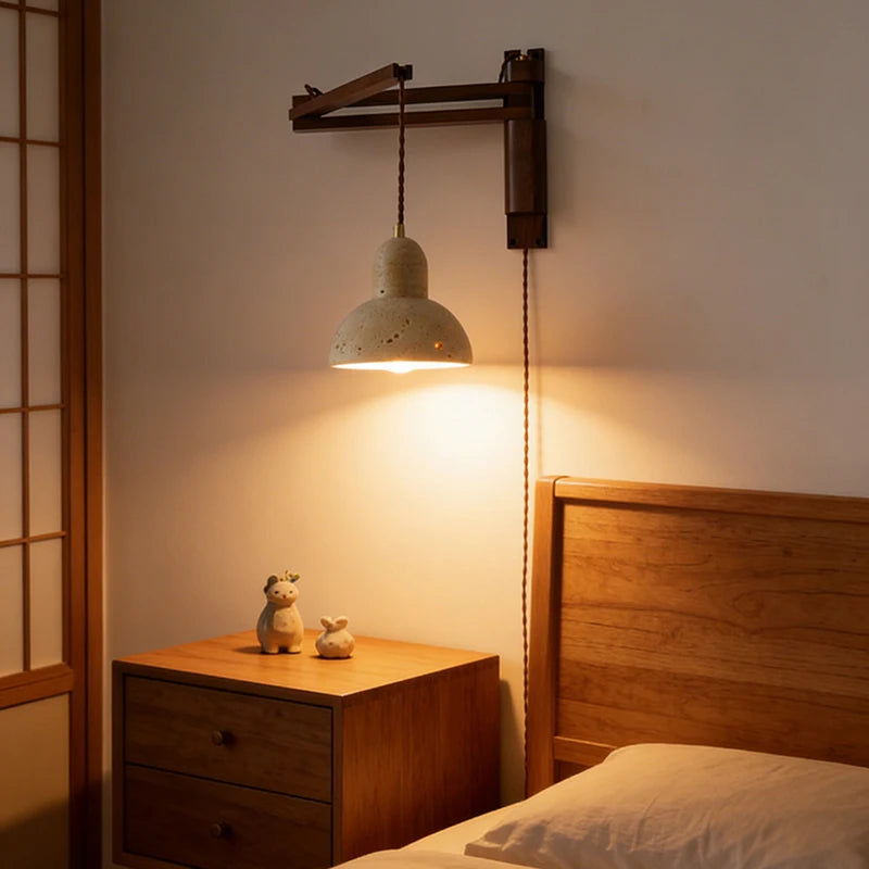 Natural Stone Wall Lamp Wooden Pole Can Rotate Light Reading