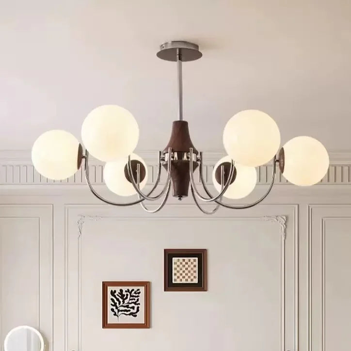 Glass Globe E27 Chandelier Living Room Wood Pendant
