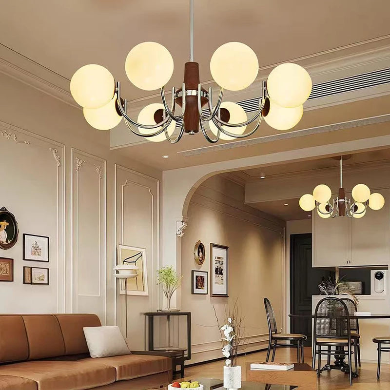 Glass Globe E27 Chandelier Living Room Wood Pendant