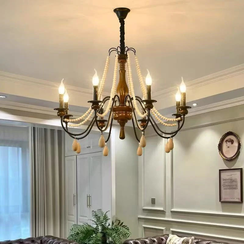 American Retro Wood Candle E27 Chandelier French