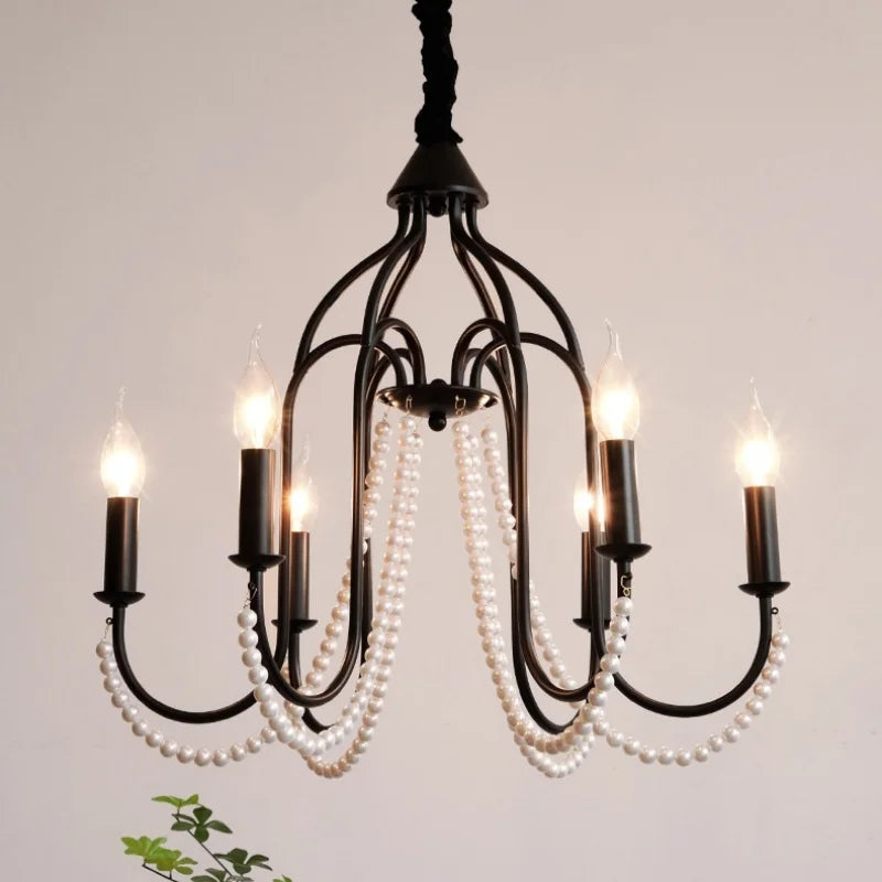 American Black E14 Crystal Pearl Chandelier French