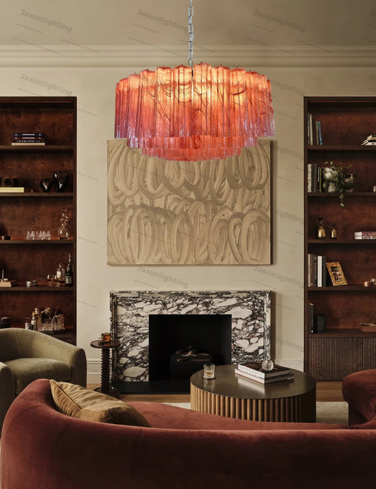 Round Textured Pink Glass Art Dimming LED Chandelier