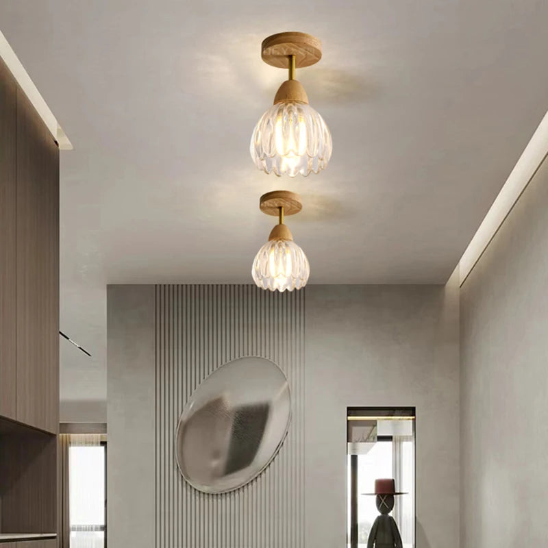 Clear Glass Ceiling Light Wood E27 Bulb