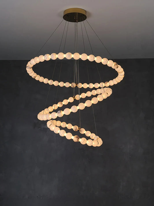 3 Layer Marble Pearl Ring Gold LED Chandelier Alabaster