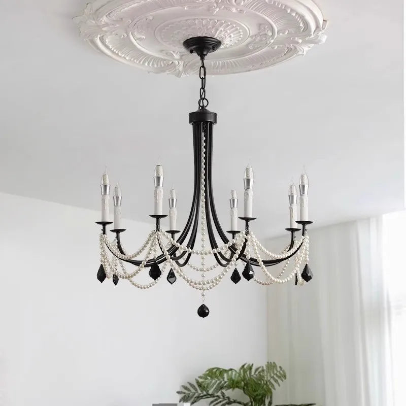 American Retro Candle Chandelier Living Room Black Metal E14