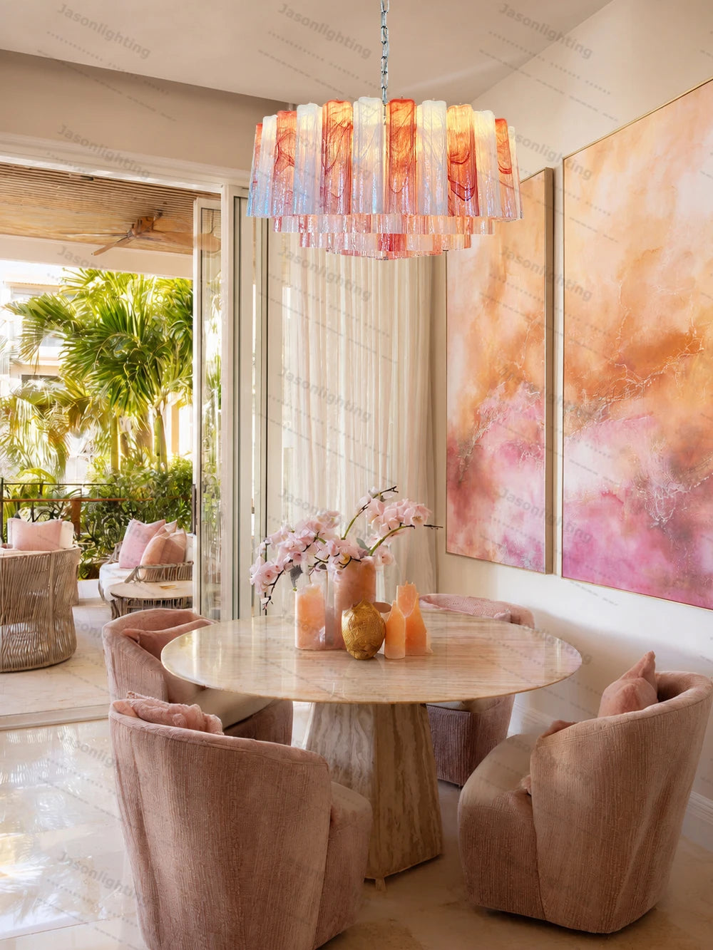 Pink Childhood Glass Art Round Gold Chrome Chandeliers