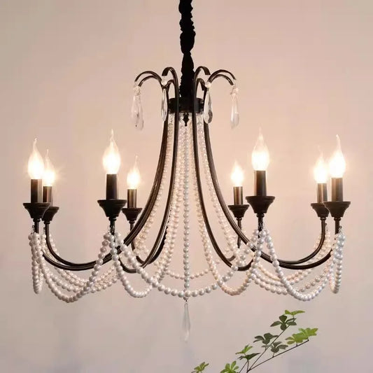 American Black E14 Crystal Pearl Chandelier French
