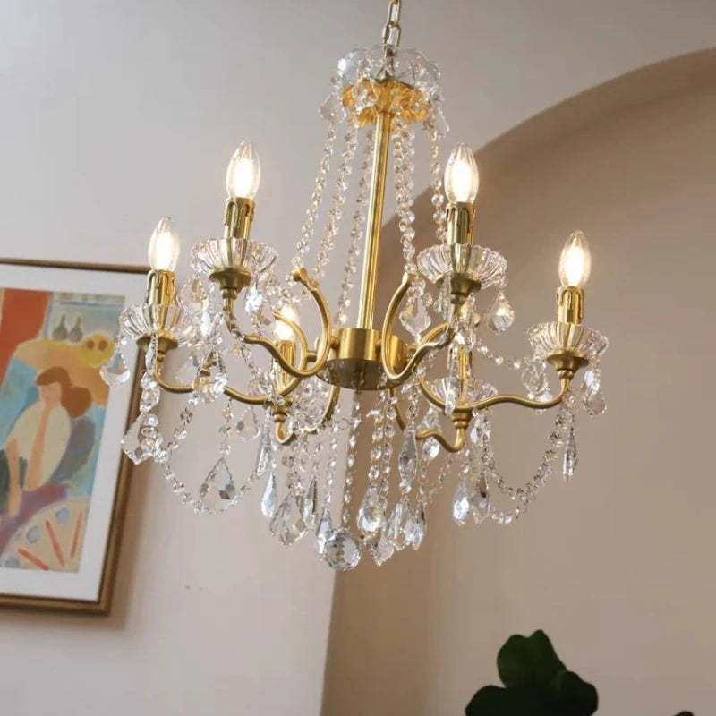 French Copper Candle LED E14 Chandelier Living Room Crystal