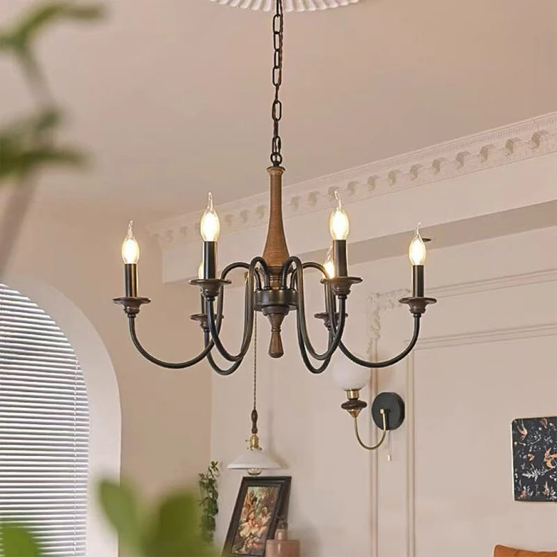 American Retro Wood Candle E27 Chandelier French