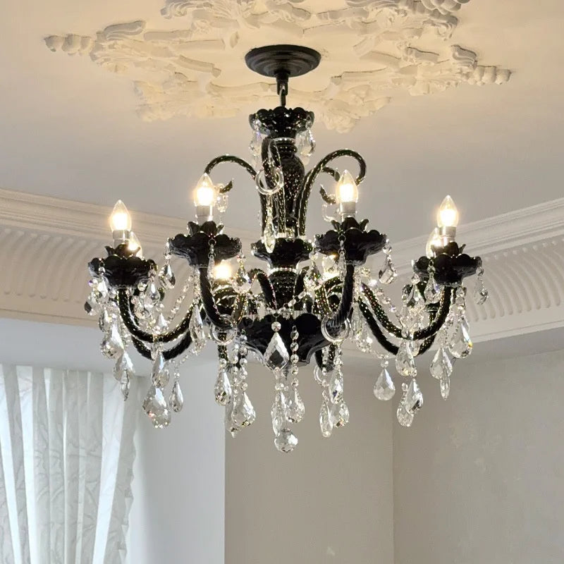 French Black Glass Chandelier Living Room Candle E14 Pendant