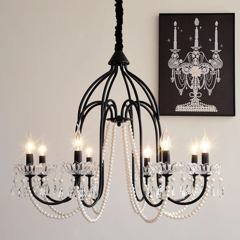 American Black E14 Crystal Pearl Chandelier French