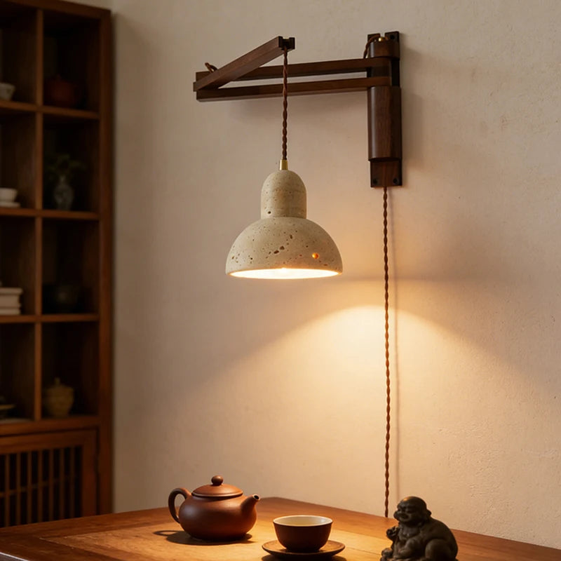 Natural Stone Wall Lamp Wooden Pole Can Rotate Light Reading