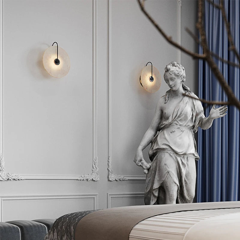 Natural Marble LED Wall Lamp Round Shape Gold Metal Free