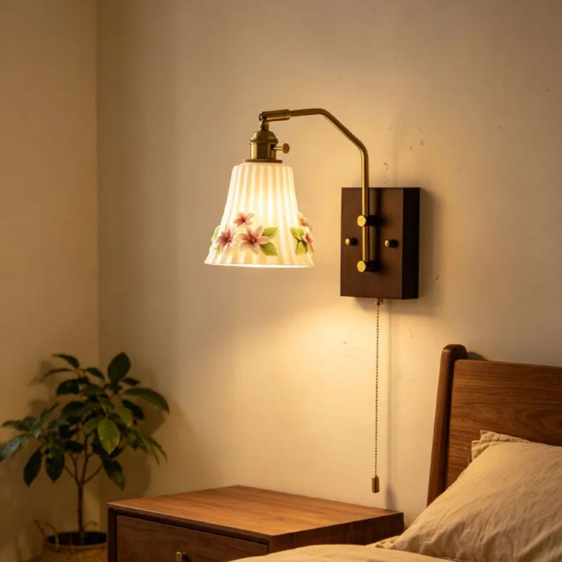 White Ceramic Wall Light Flower Wood Base Switch E27 Bulb