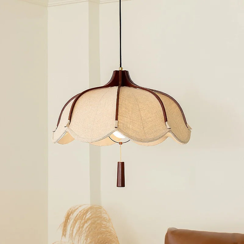 Chinese Wood E27 LED Fabric Pendant Lights Dining Room Drop