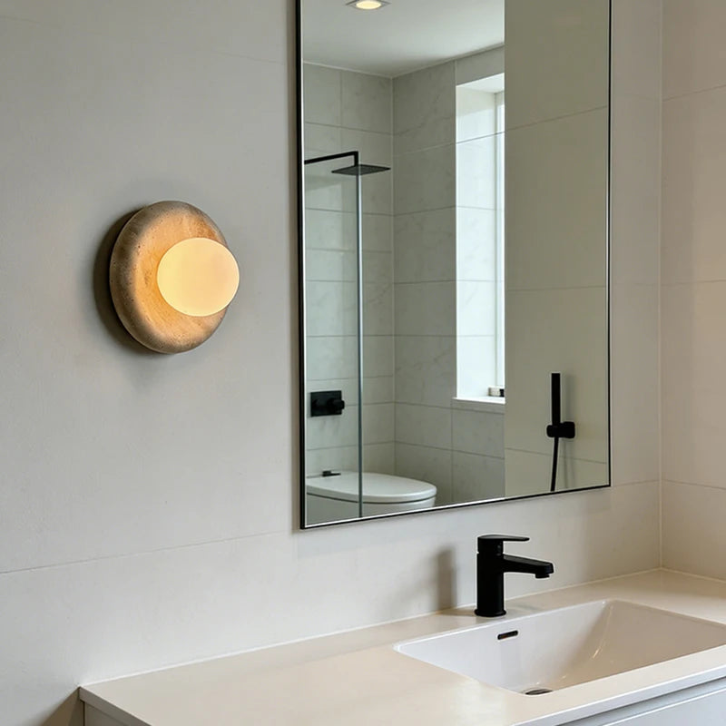 Round Real Stone Wall Light White Glass G9 Bulb Indoor