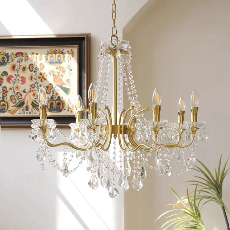 French Copper Candle LED E14 Chandelier Living Room Crystal