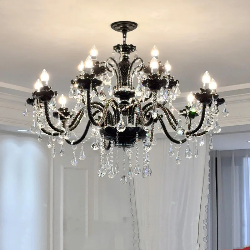 French Black Glass Chandelier Living Room Candle E14 Pendant