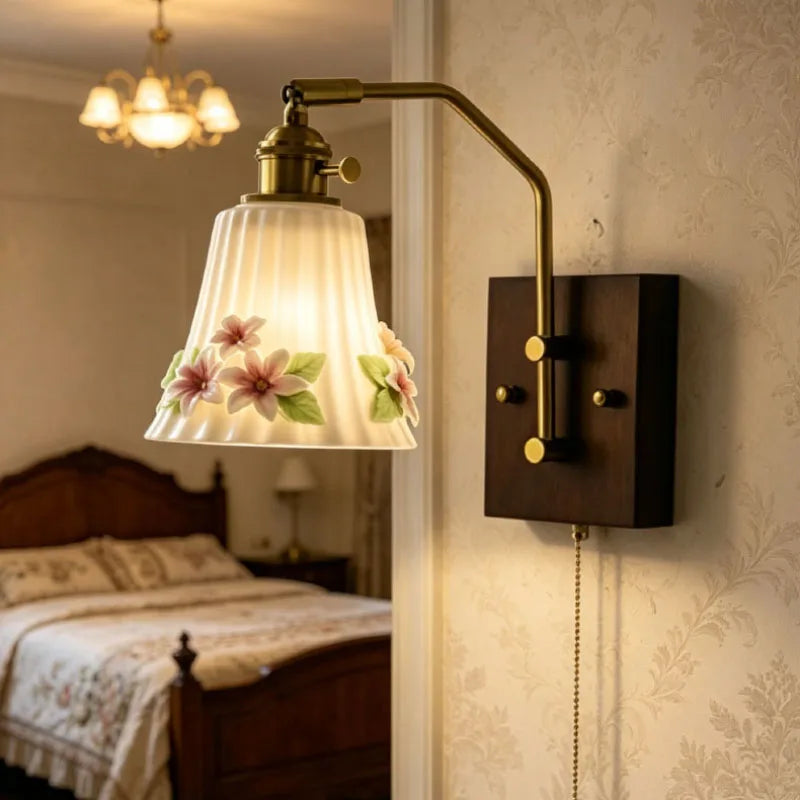 White Ceramic Wall Light Flower Wood Base Switch E27 Bulb