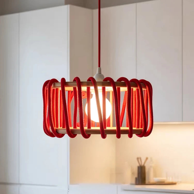 Creative White Red Yellow Rope Pendant Light E27 Bulb Wood