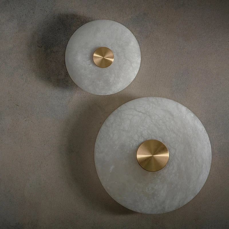 Art Deco Round LED Wall Sconce Natural Marble Brass