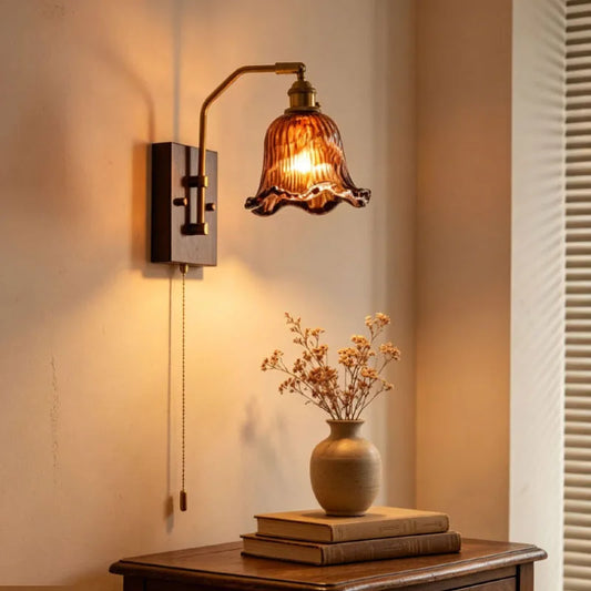 Glass Wall Lamp Wood Base E27 Bulb Gold Metal With Switch
