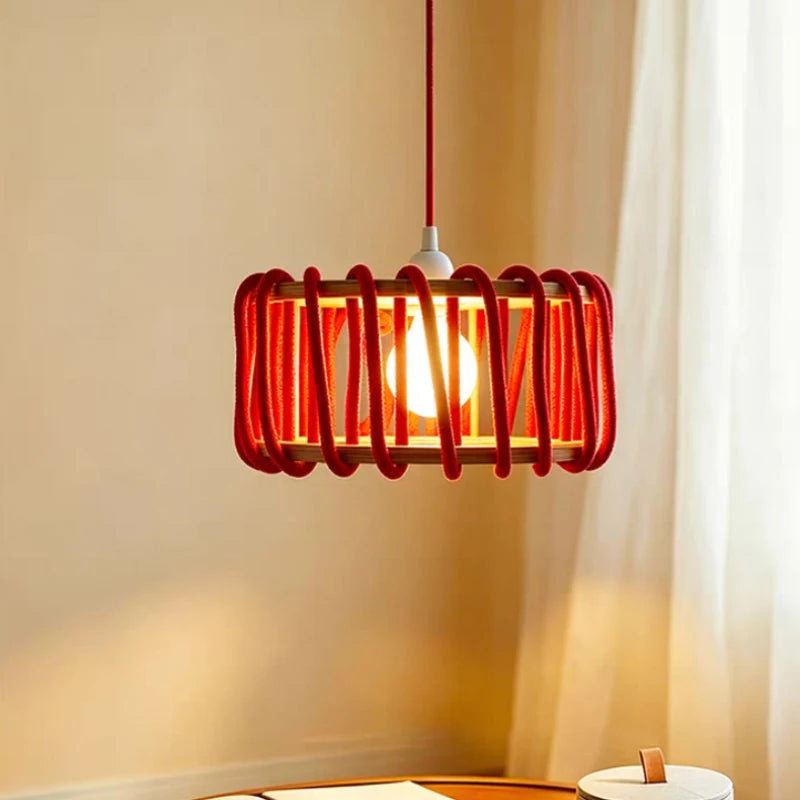 Creative White Red Yellow Rope Pendant Light E27 Bulb Wood