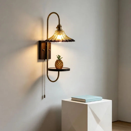 Practical LED Wall Light Glass Lampshade E27 Bulb Brown Wood