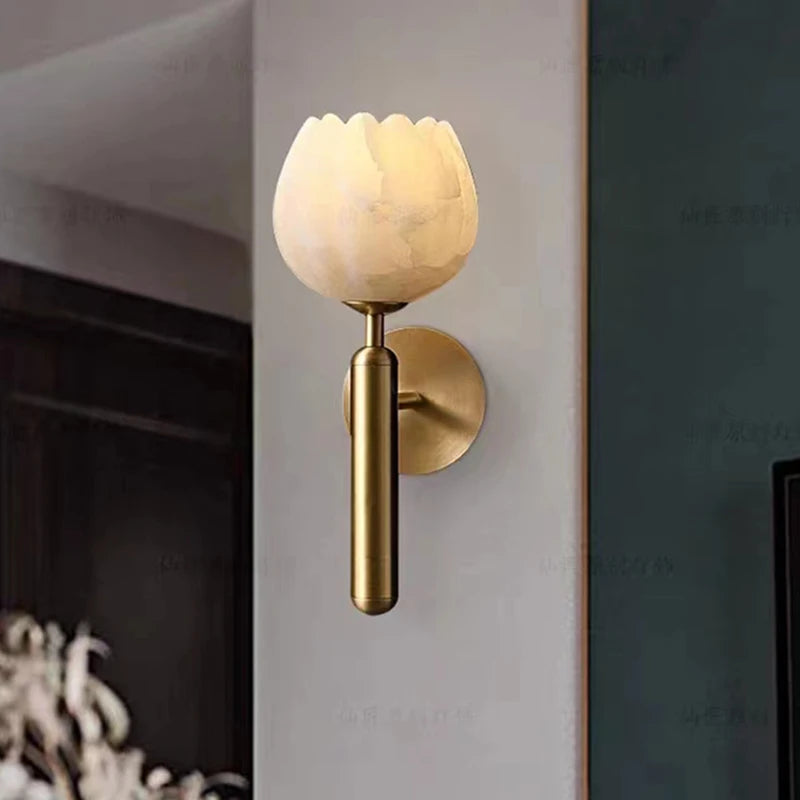 Art Natural Marble Wall Lamp Flower Shape Brass E14 Bulb