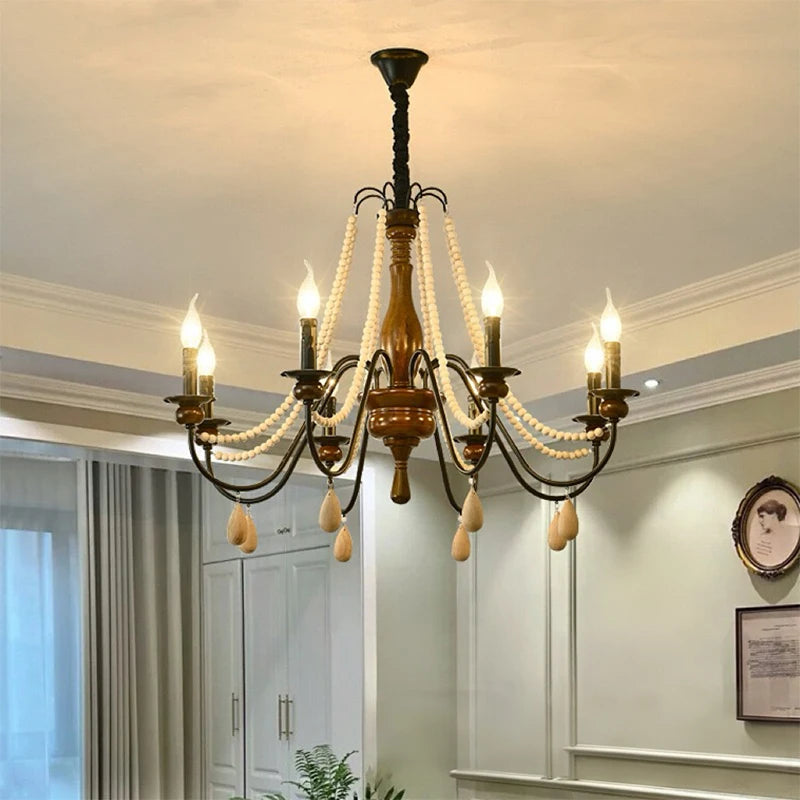 American Retro Wood Candle E27 Chandelier French