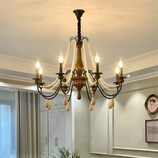 American Retro Wood Candle E27 Chandelier French