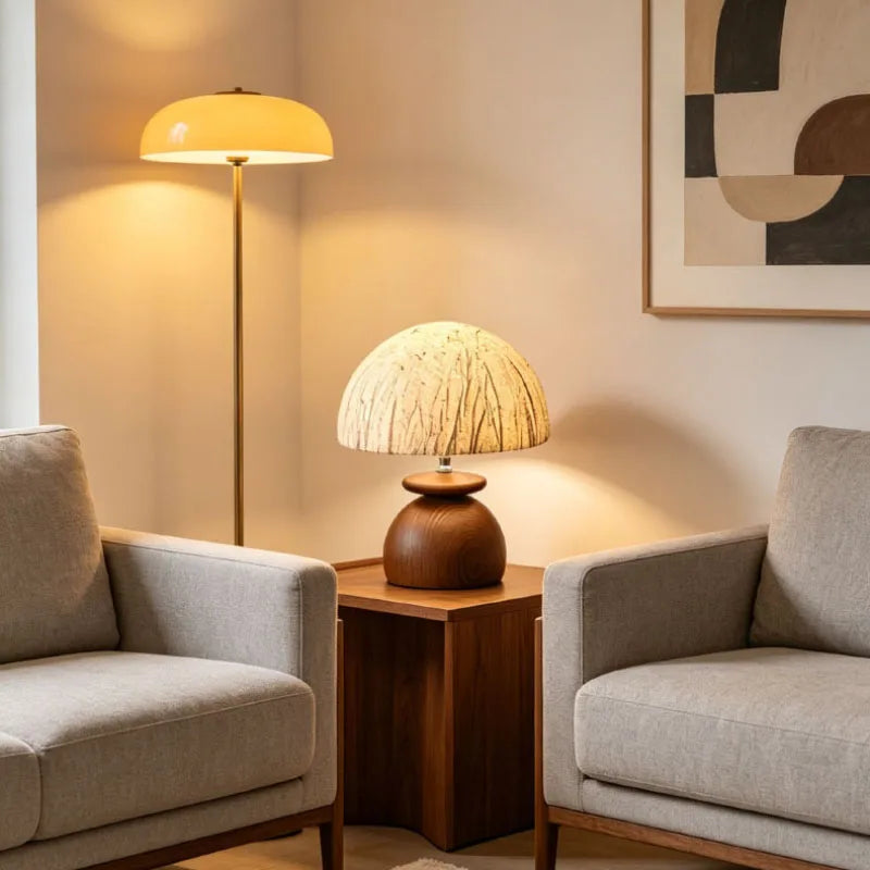 Paper Lampshade Table Lamp Brown Wood Base E27 Bulb For Roon
