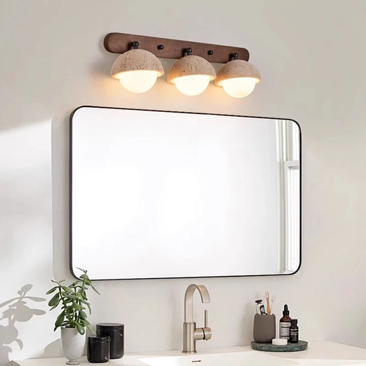 Dark Wood Base LED Wall Lamp Real Stone Vintage Sconce