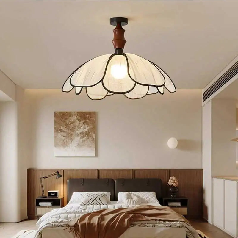Bedroom French E27 Ceiling Light Abaca Oak Petal Mounted