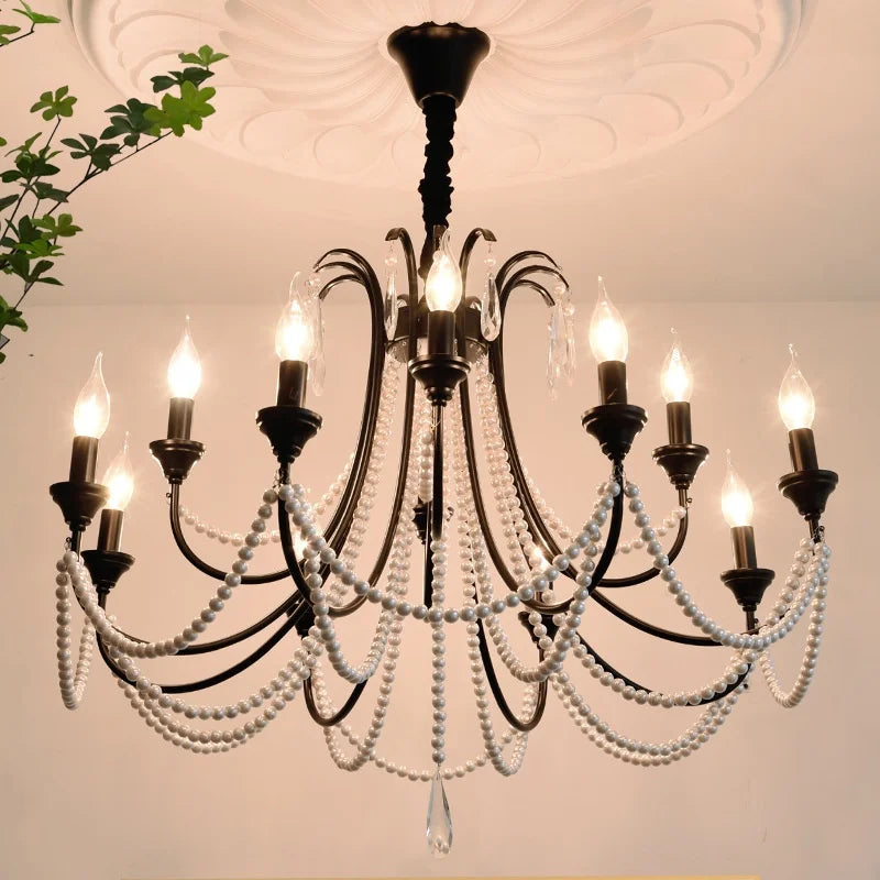 American Black E14 Crystal Pearl Chandelier French