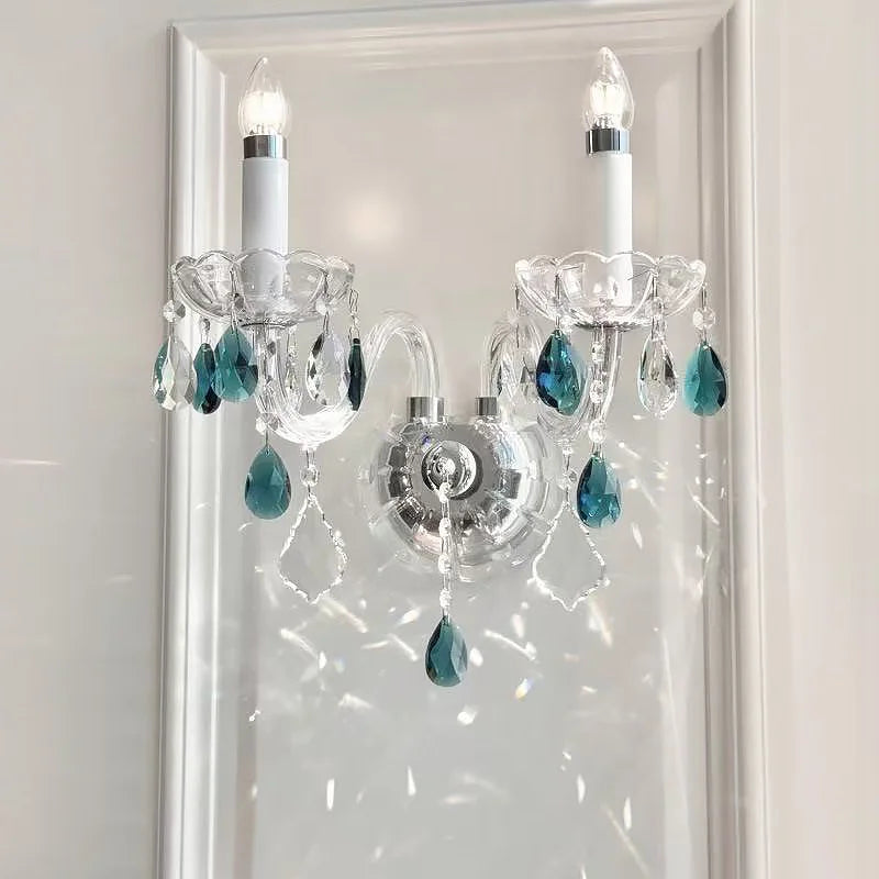European Blue Pink Green Crystal Wall Lamp French Romantic