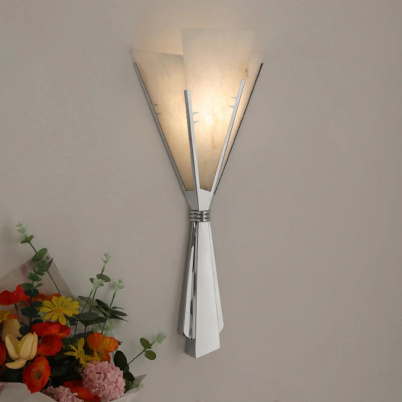 Art Chrome Metal Wall Light Natural Marble Stainless Steel