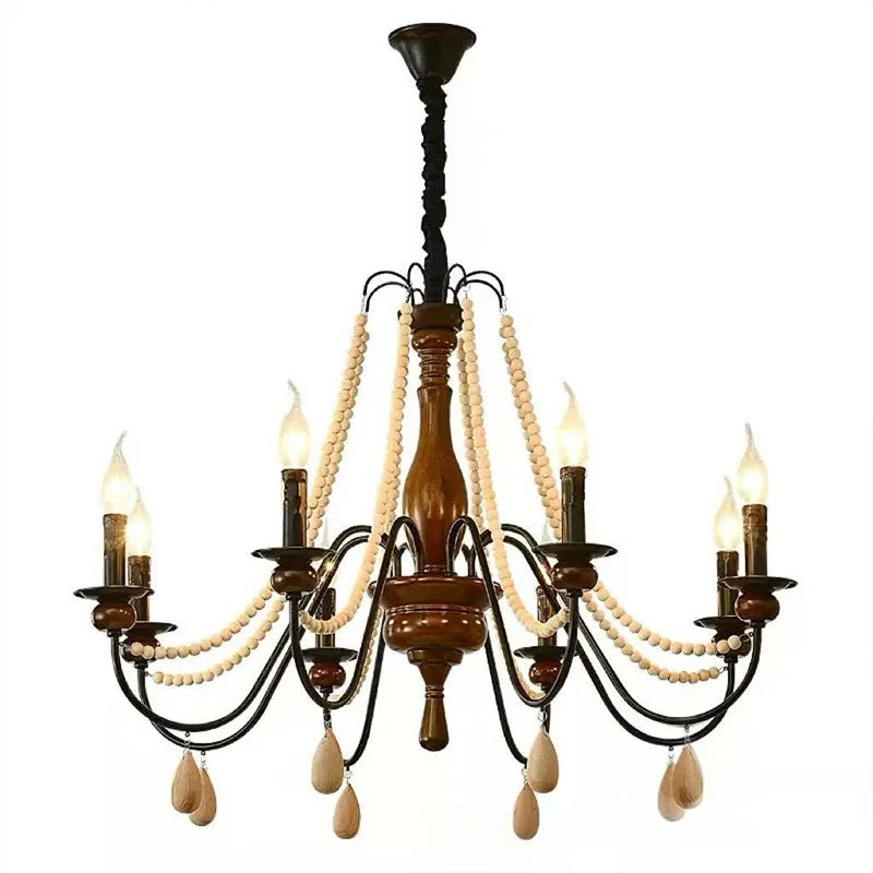 American Retro Wood Candle E27 Chandelier French
